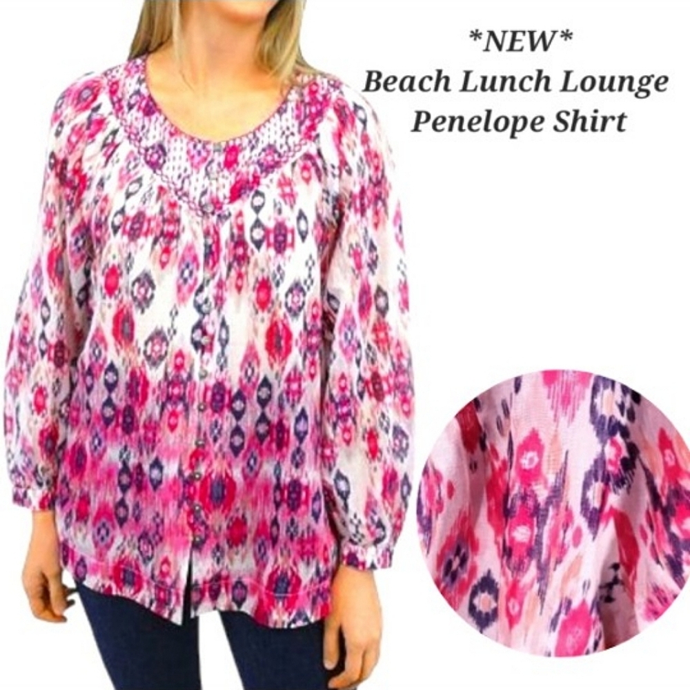 Beach Lunch Lounge Penelope Blouse NEW  Relaxed Fit Tie-dye Pink White Purple L